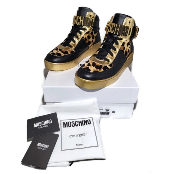 SOLD Moschino Genuine Calf Hair Detail Hi Top Basket Animal Print Sneakers - Picture 2 of 12